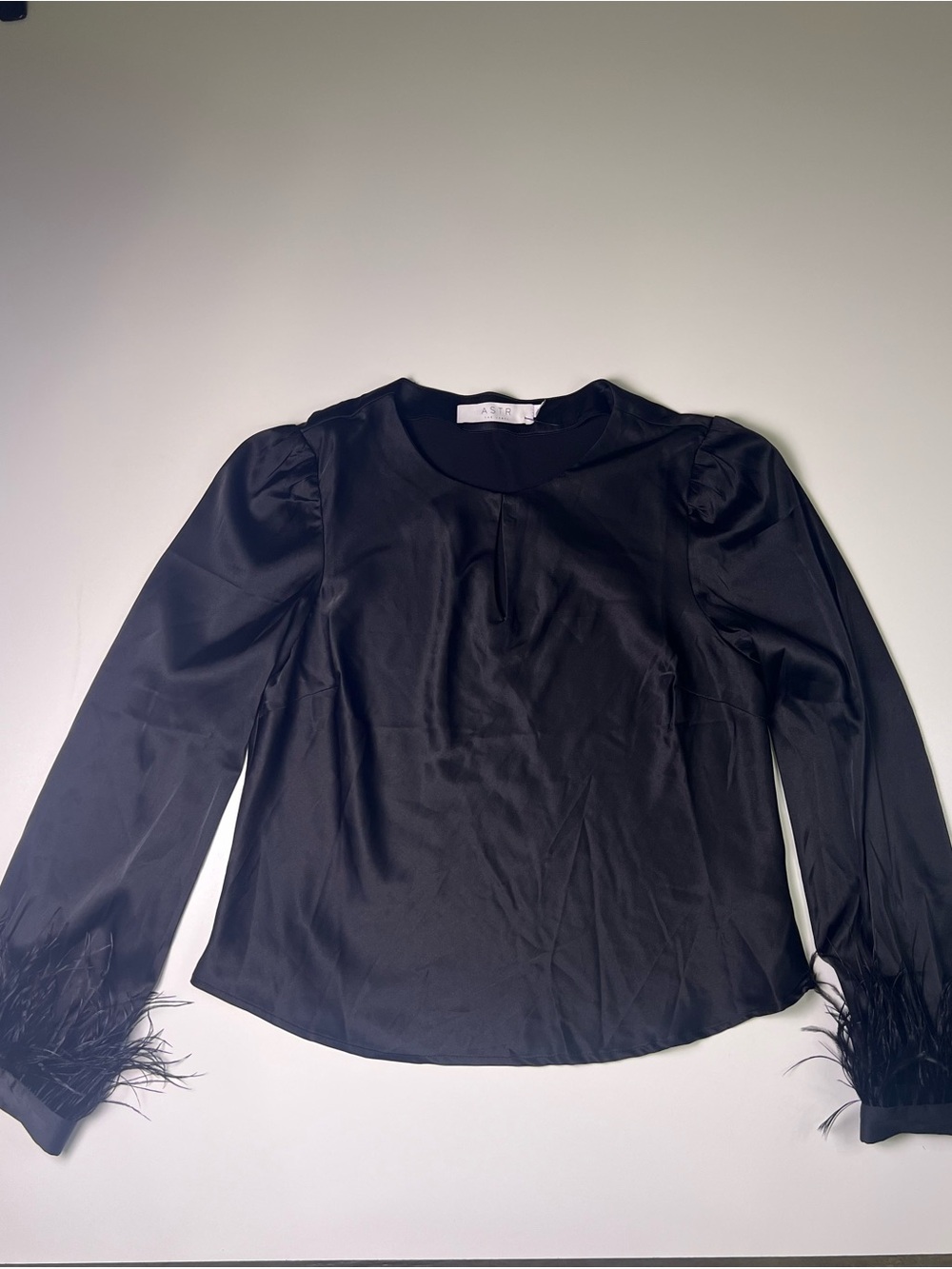 Astr Black Long-Sleeve Satin Top with Feather Cuffs Whimsigoth Witchy Fairy